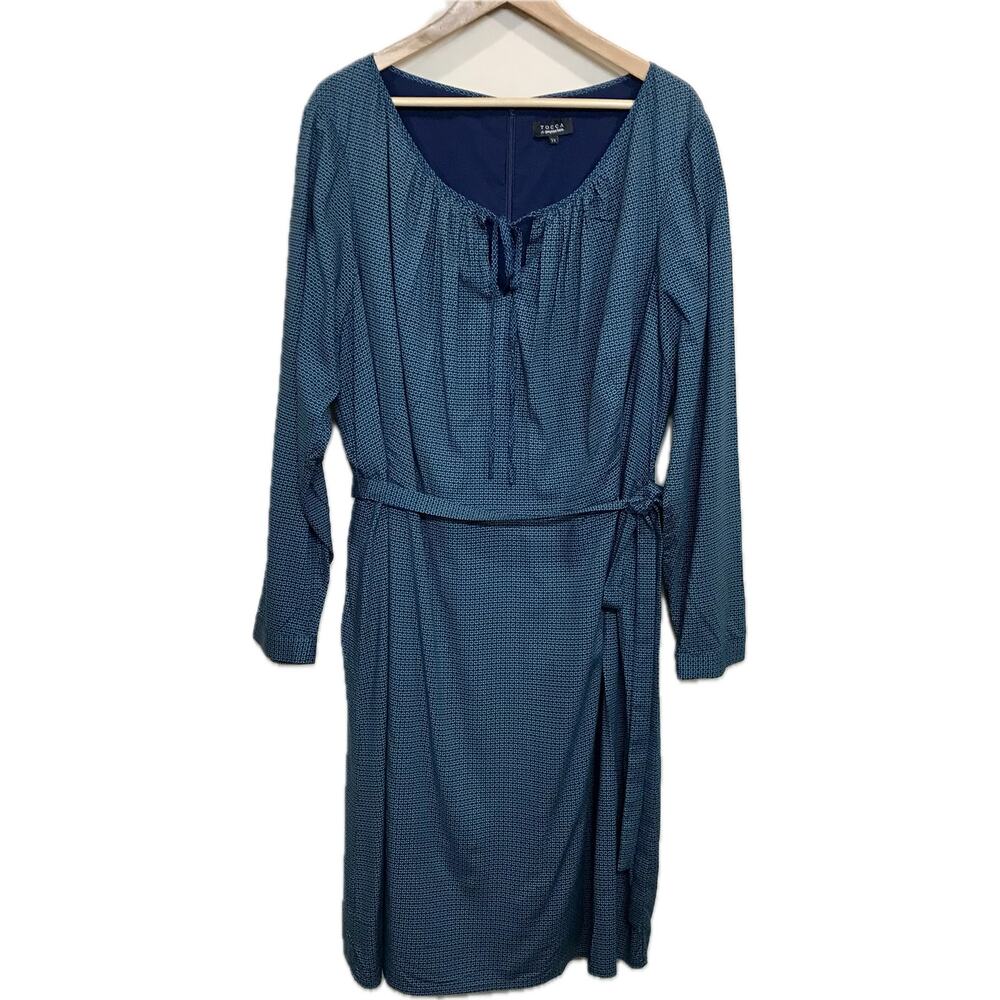 Tocca Teal Eyelet Scoop Tie Neck Shift Long Sleeve Shirt Dress Women 2X